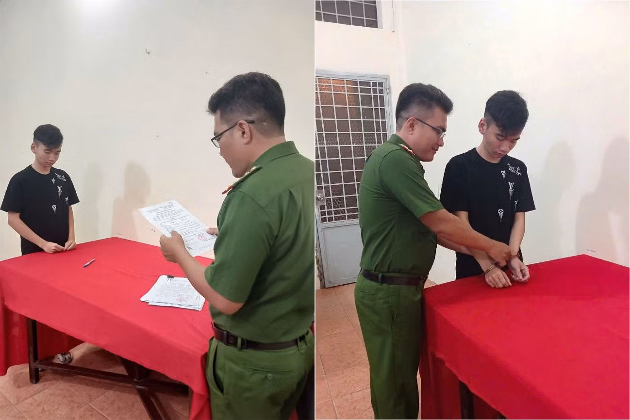 Công an phường Phú Lợi (TP Cần Thơ) tống đạt Quyết định khởi tố bị can và thi hành lệnh tạm giam đối với Triệu Minh Hào. Ảnh: Công an Cần Thơ