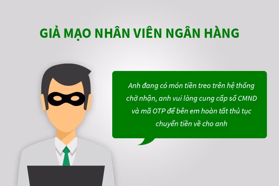 Cần cảnh giác với các hình thức lừa đảo tự xưng là nhân viên ngân hàng hay người thân để lấy thông tin tài khoản và chiếm đoạt tiền của chủ tài khoản.