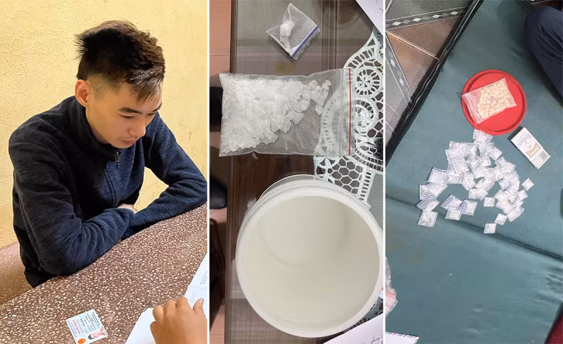 Lê Văn Trường và các tang vật thu giữ.