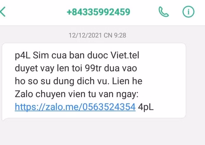 Tin nhắn cho vay và các link zalo ảo được gửi tới cho anh V.H.P (42 tuổi, trú tại TP Hạ Long) từ số điện thoại lạ.