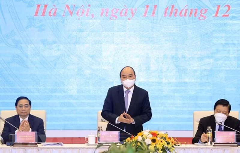 Chủ tịch nước Nguyễn Xuân Phúc chủ trì hội thảo về Nhà nước pháp quyền xã hội chủ nghĩa Việt Nam. (Ảnh: Thống Nhất/TTXVN)