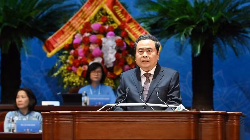 Chủ tịch Quốc hội Trần Thanh Mẫn phát biểu tại Đại hội. (Ảnh: THỦY NGUYÊN)