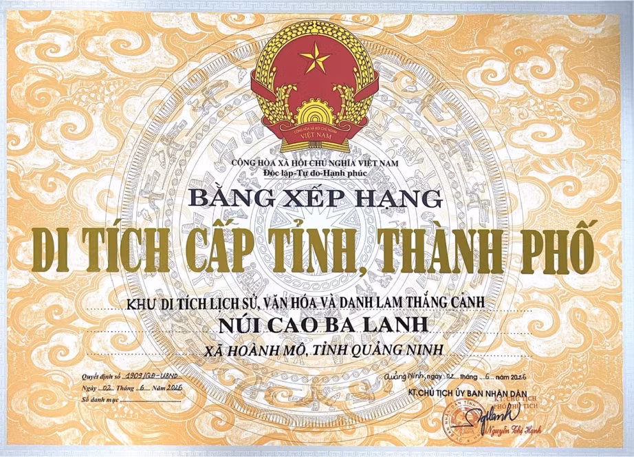 Bằng xếp hạng di tích cấp tỉnh Núi Cao Ba Lanh, xã Hoành Mô.
