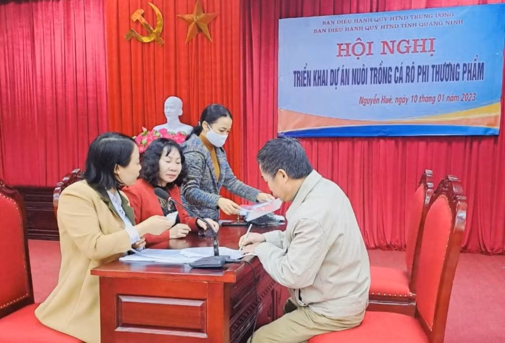 Ban Điều hành Quỹ Hỗ trợ nông dân tỉnh giải ngân vốn vay cho hội viên xã Nguyễn Huệ, TX Đông Triều triển khai dự án nuôi cá rô phi thương phẩm.