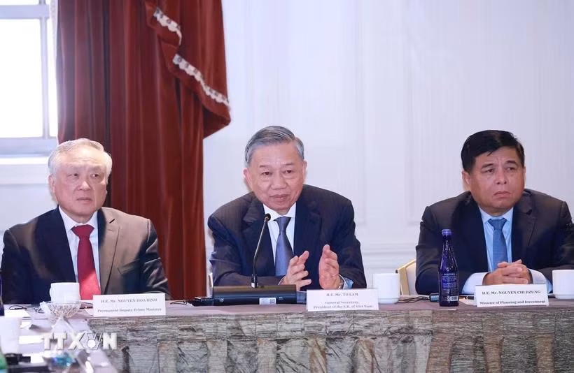 Tổng Bí thư, Chủ tịch nước Tô Lâm phát biểu tại Tọa đàm Tăng cường hợp tác Việt Nam-Hoa Kỳ trong phát triển ngành công nghiệp bán dẫn và trí tuệ nhân tạo. (Ảnh: Lâm Khánh/TTXVN)