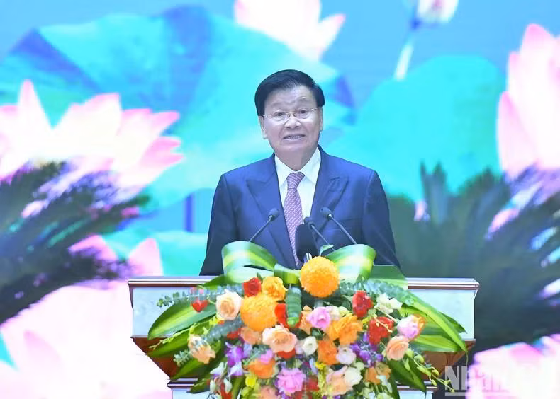 Tổng Bí thư, Chủ tịch nước Lào Thongloun Sisoulith phát biểu. (Ảnh: ĐĂNG KHOA-THỦY NGUYÊN)