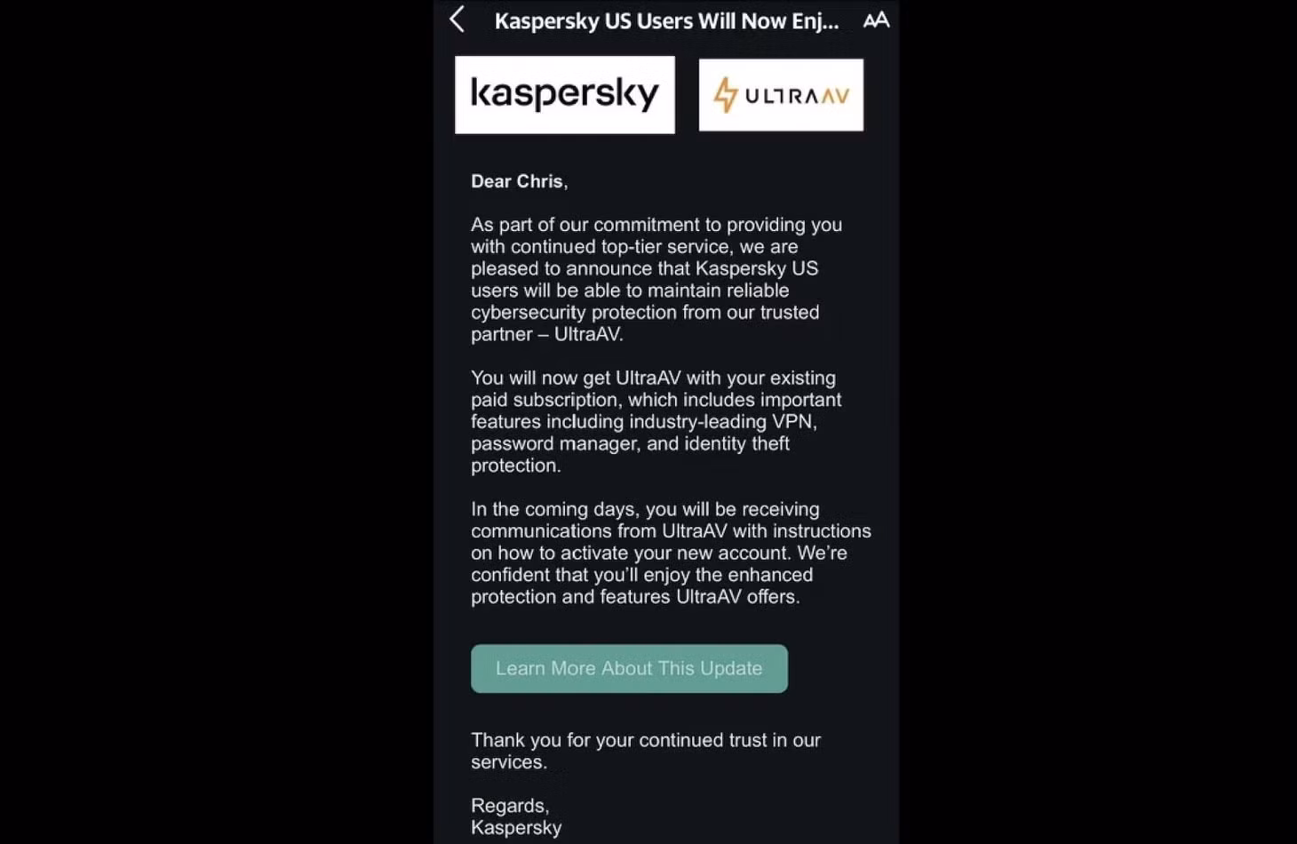 Email của Kaspersky gửi khách hàng về việc chuyển đổi sang phần mềm diệt virus UltraAV. Ảnh: Reddit