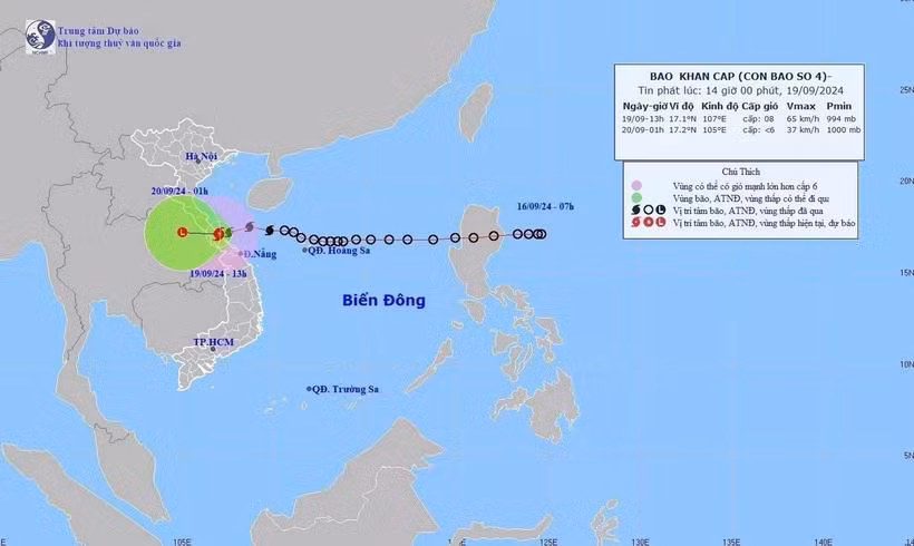 Đường đi của bão số 4 lúc 13 giờ ngày 19/9/2024. (Ảnh: TTXVN phát)