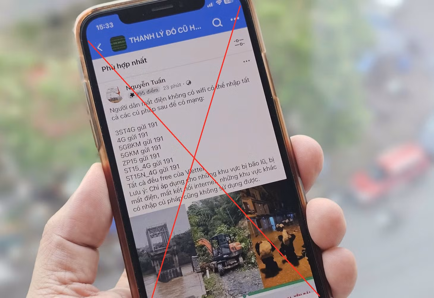 Mạng xã hội Facebook đang xuất hiện thông tin giả người dân ở vùng bão lũ mất điện không có wifi có thể nhập theo cú pháp gửi 191. Ảnh: TK