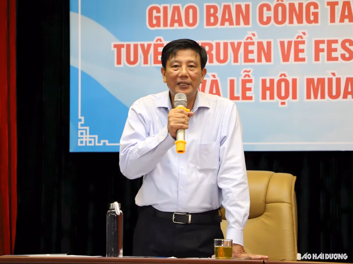 Đồng chí Nguyễn Quang Phúc, Uỷ viên Ban Thường vụ, Trưởng Ban Tuyên giáo Tỉnh uỷ Hải Dương phát biểu kết luận hội nghị giao ban báo chí tháng 9 tuyên truyền về Lễ hội mùa thu Côn Sơn - Kiếp Bạc và Festival Chí Linh - Hải Dương năm 2023
