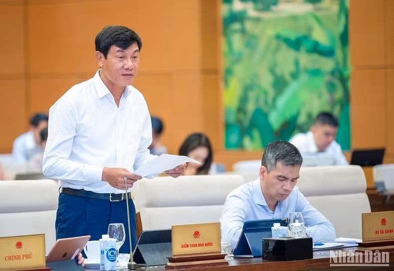 Phó Tổng Kiểm toán nhà nước Doãn Anh Thơ báo cáo tại phiên họp. (Ảnh: DUY LINH)