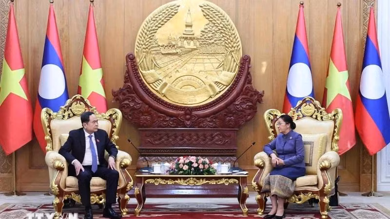 Chủ tịch Quốc hội Trần Thanh Mẫn gặp Phó Chủ tịch nước CHDCND Lào Pany Yathotou. (Ảnh: Thống Nhất/TTXVN)