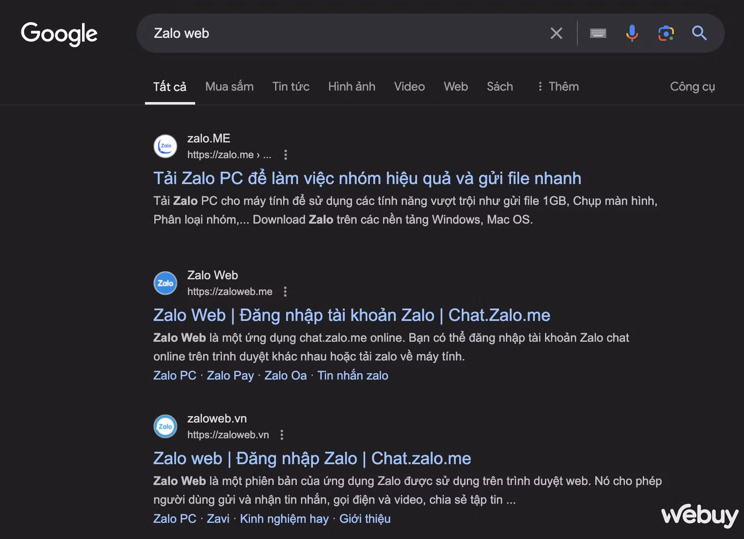 Khi tìm kiếm từ khóa "Zalo web" trên Google, bên cạnh website chính thức là kết quả đầu tiên, hai kết quả tìm kiếm tiếp theo dẫn đến các website không thuộc quyền quản lý của Zalo.