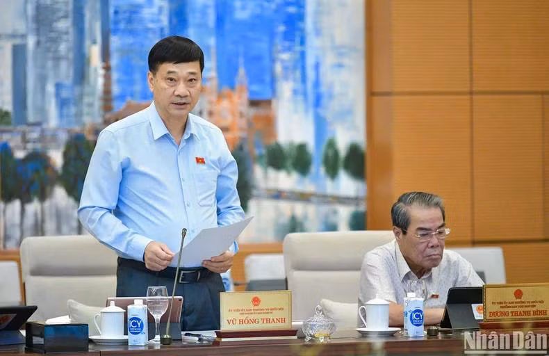 Chủ nhiệm Ủy ban Kinh tế Vũ Hồng Thanh trình bày báo cáo thẩm tra về dự án Luật. (Ảnh: DUY LINH)