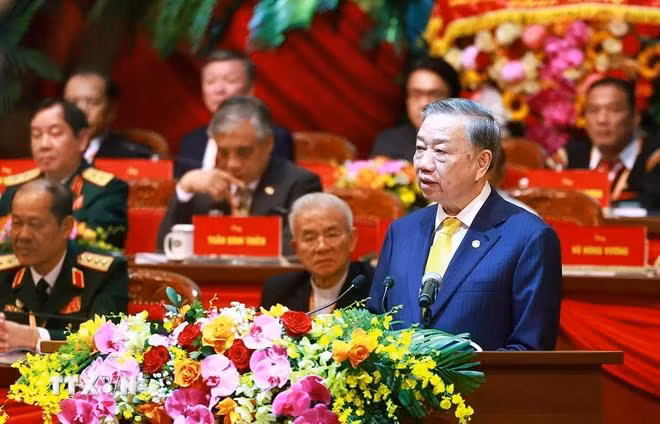 Tổng Bí thư, Chủ tịch nước Tô Lâm phát biểu chỉ đạo Đại hội đại biểu toàn quốc Mặt trận Tổ quốc Việt Nam lần thứ X. (Ảnh: TTXVN)
