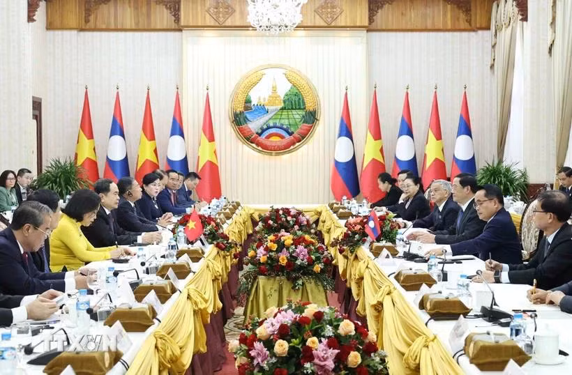 Chủ tịch Quốc hội Trần Thanh Mẫn hội kiến Thủ tướng Lào Sonexay Siphandone. (Ảnh: Thống Nhất/TTXVN)