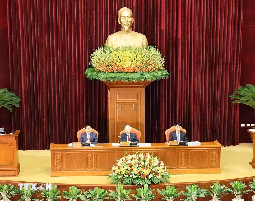 Tổng Bí thư Nguyễn Phú Trọng chủ trì và phát biểu khai mạc Hội nghị Trung ương lần thứ chín, khóa XIII. (Ảnh: Trí Dũng/ TTXVN)