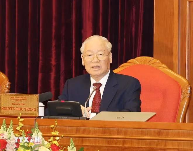 Tổng Bí thư Nguyễn Phú Trọng phát biểu khai mạc Hội nghị Trung ương lần thứ chín, khóa XIII. (Ảnh: Trí Dũng/TTXVN)