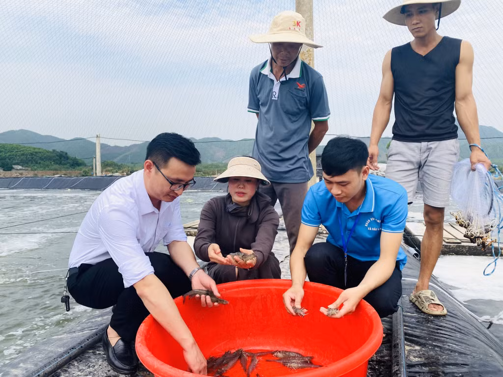Cán bộ xã Hải Lạng (huyện Tiên Yên) kiểm tra điều kiện xuống giống nuôi trồng thuỷ sản vụ xuân hè 2024 trên địa bàn. Ảnh: Hải Hà