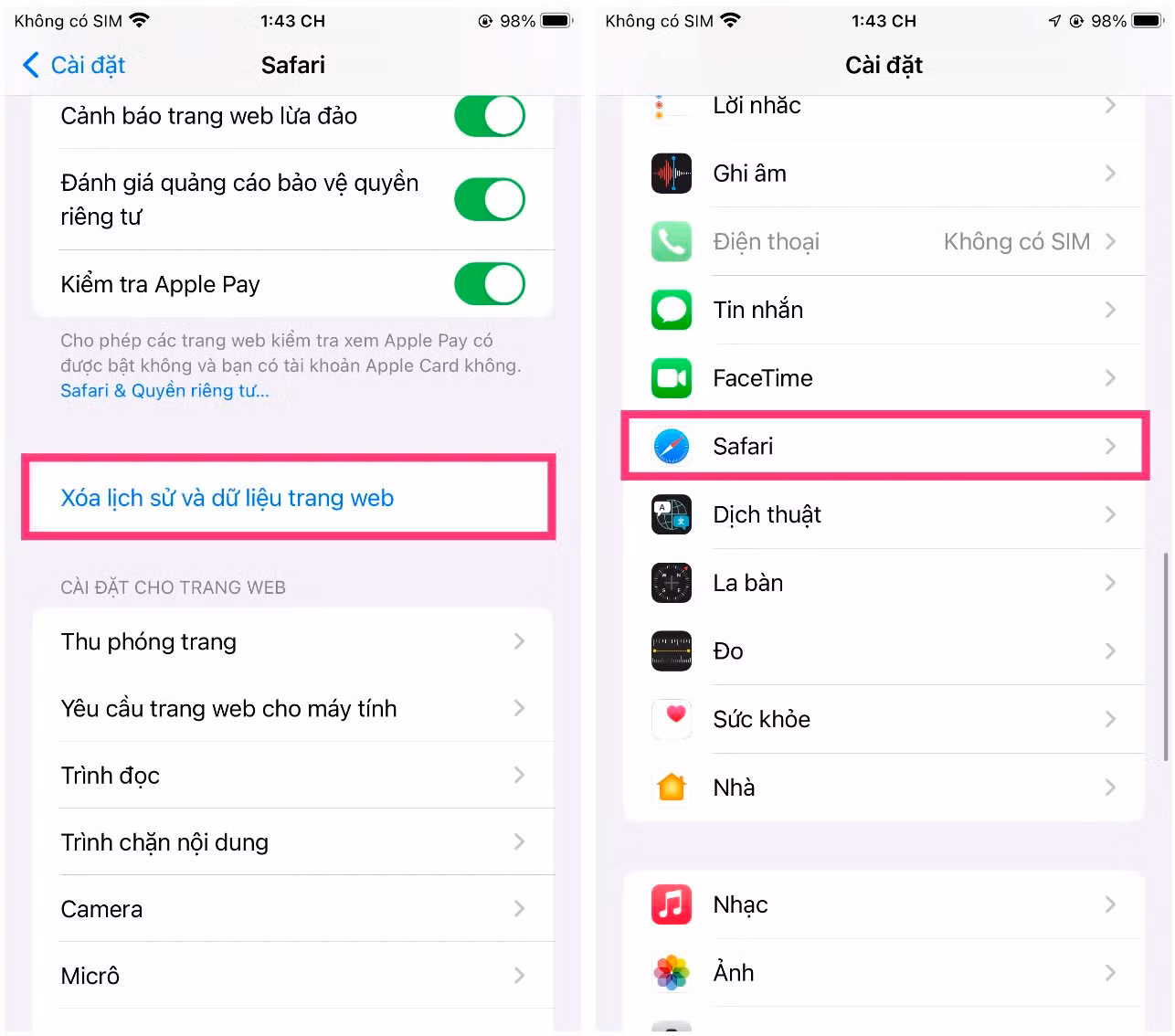 Xóa bộ nhớ đệm của Safari và đóng các tab.