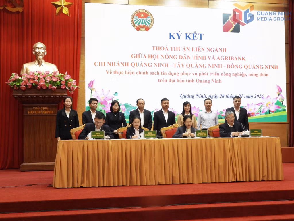 Lãnh đạo HND tỉnh và Lãnh đạo Ngân hàng NN&amp;PTNT chi nhánh Quảng Ninh, chi nhánh Đông Quảng Ninh và chi nhánh Tây Quảng Ninh ký kết thỏa thuận hợp tác.