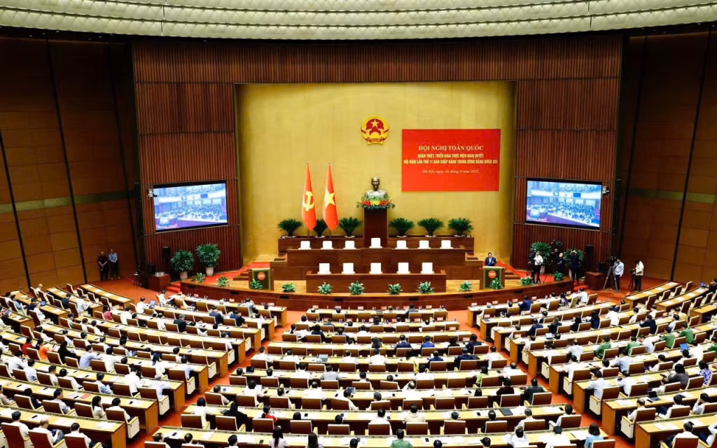 Hội nghị toàn quốc nghiên cứu, học tập, quán triệt và triển khai thực hiện Nghị quyết Đại hội XIV của Đảng tại điểm cầu chính Hội trường Diên Hồng, Nhà Quốc hội.