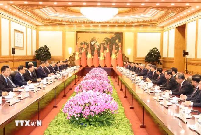 Tổng Bí thư, Chủ tịch nước Tô Lâm hội đàm với Tổng Bí thư, Chủ tịch nước Trung Quốc Tập Cận Bình. (Ảnh: Trí Dũng/TTXVN)