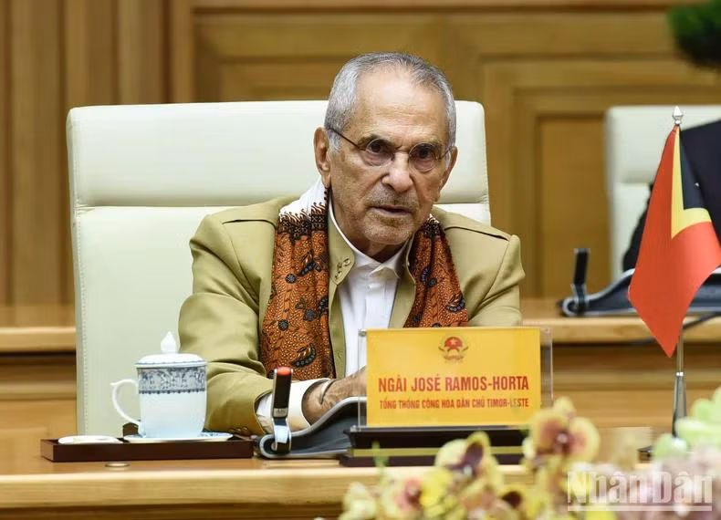 Tổng thống Timor-Leste Jose Ramos-Horta phát biểu ý kiến tại buổi tiếp. (Ảnh: TRẦN HẢI)