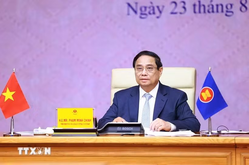 Thủ tướng Phạm Minh Chính phát biểu trực tuyến tại Hội nghị Thượng đỉnh Lãnh đạo nữ ASEAN lần thứ ba. (Ảnh: Dương Giang/TTXVN)