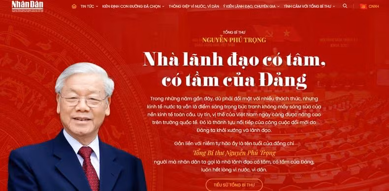 Giao diện trang chủ của Trang thông tin đặc biệt Tổng Bí thư Nguyễn Phú Trọng - Nhà lãnh đạo có tâm, có tầm của Đảng.