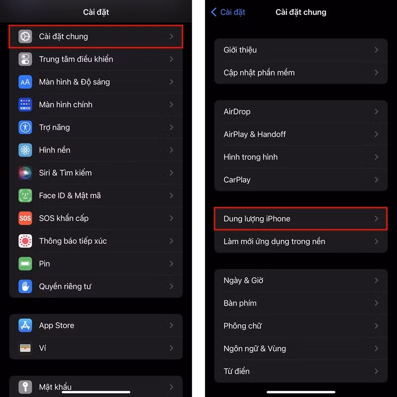 Các bước kiểm tra dung lượng iPhone (trái), Samsung (phải).