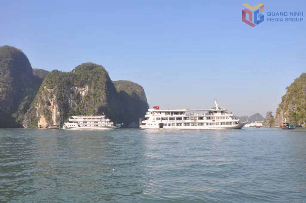 Vịnh Hạ Long chịu nhiều sức ép trong quá trình phát triển kinh tế, xã hội trên và ven bờ di sản. Ảnh: Du thuyền trên vịnh Hạ Long.