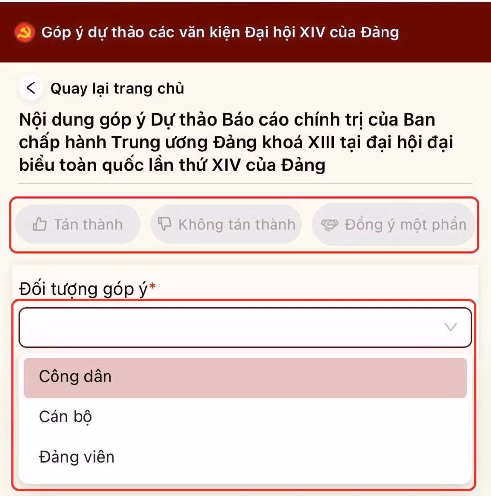 Bước 3: Chọn đọc nội dung các dự thảo văn kiện, sau đó lựa chọn đối tượng góp ý là “Công dân”, “cán bộ”, “đảng viên” và nhập ý kiến góp cá nhân vào ô “Góp ý”.