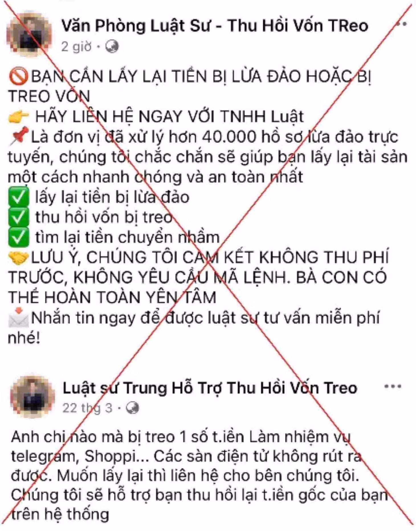 Cảnh giác trước các trang giả mạo luật sư thu hồi vốn. Ảnh: Công an TP Hà Nội