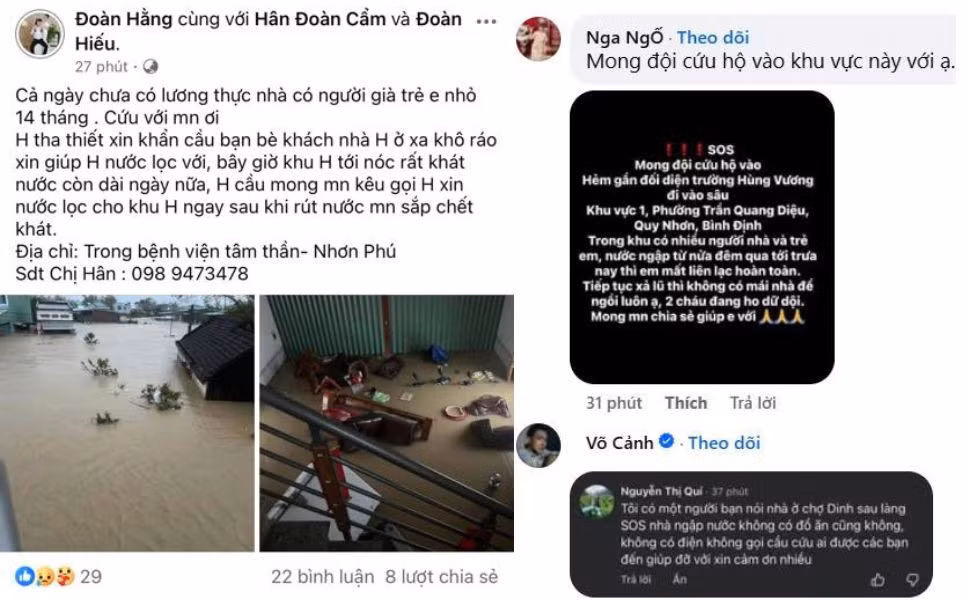 Thông tin người dân cô lập do lũ cầu cứu lan truyền trên mạng xã hội. Ảnh: Bình Định