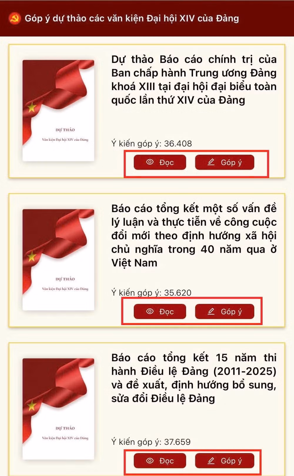 Bước 2: Tại giao diện chính, chọn mục “Góp ý dự thảo các văn kiện Đại hội XIV của Đảng”.