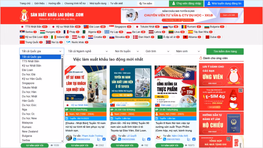 Tính năng tìm kiếm trên sàn xuất khẩu lao động .com