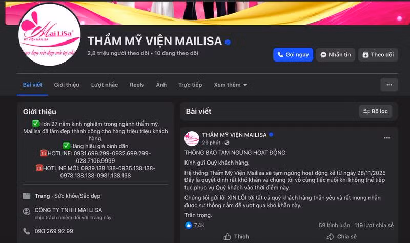 Trang Facebook của hệ thống thẩm mỹ viện Mailisa thông báo ngừng hoạt động. Ảnh: Hạ Mây