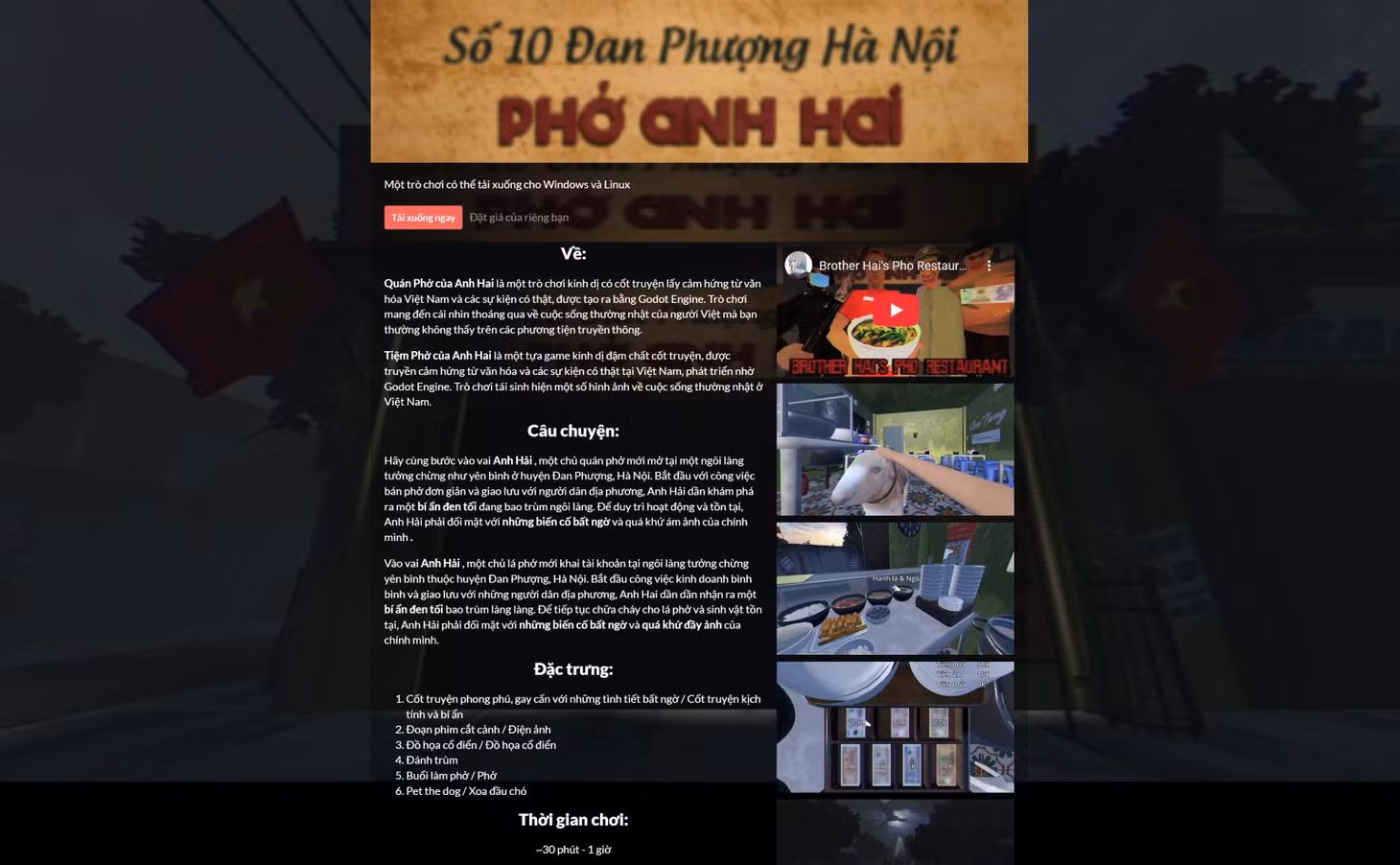 Một vài thông tin về game “Tiệm phở của anh Hai” trên tch.io. Ảnh: tch.io