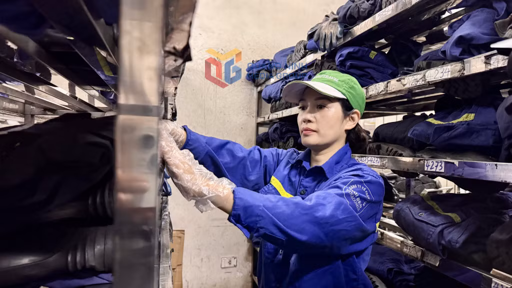 Chị Đỗ Thúy Vân, Phân xưởng Phục vụ, Công ty CP Than Núi Béo - Vinacomin đang sắp xếp bảo hộ lao động cho công nhân.