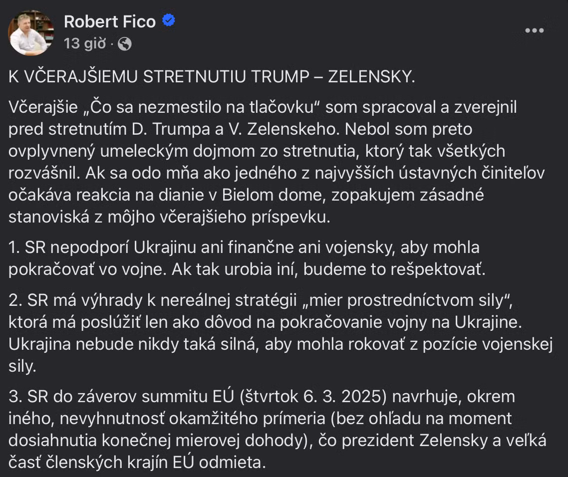 Tuyên bố trên tài khoản Facebook cá nhân của Thủ tướng Slovakia Robert Fico về việc chấm dứt ủng hộ Ukraine cả về vật chất lẫn quân sự trong cuộc xung đột với Liên bang Nga. Ảnh chụp màn hình tài khoản Faceboo của Thủ tướng Slovakia Robert Fico