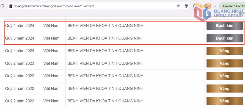 Thông tin chứng nhận Giải thưởng Bạch Kim - Bệnh viện Đa khoa tỉnh Quảng Ninh trên trang web của của Hội Đột quỵ Thế giới (WSO).