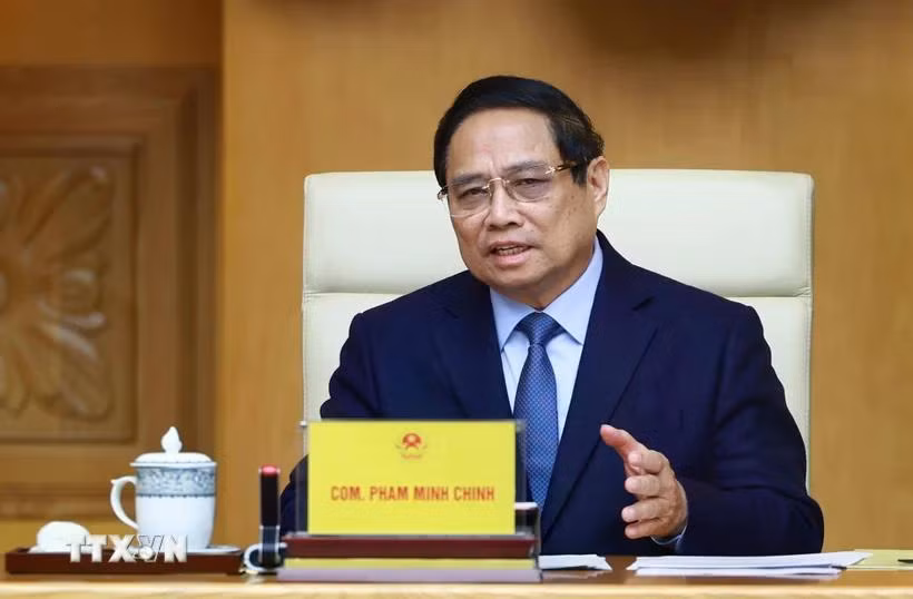 Thủ tướng Phạm Minh Chính phát biểu tại buổi tiếp lãnh đạo các Trường Đại học của Hoa Kỳ sang Việt Nam dự Chương trình Hợp tác Học thuật Quốc tế (IAPP). (Ảnh: Dương Giang/TTXVN)