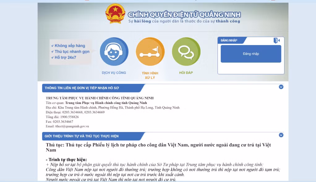 Không cần đến trực tiếp Trung tâm phục vụ hành chính công Tỉnh, công dân có thể đề nghị cấp lý lịch tư pháp qua ứng dụng VNeID, hoặc qua Cổng dịch vụ công của tỉnh tại địa chỉ: https://dichvucong.quangninh.gov.vn.