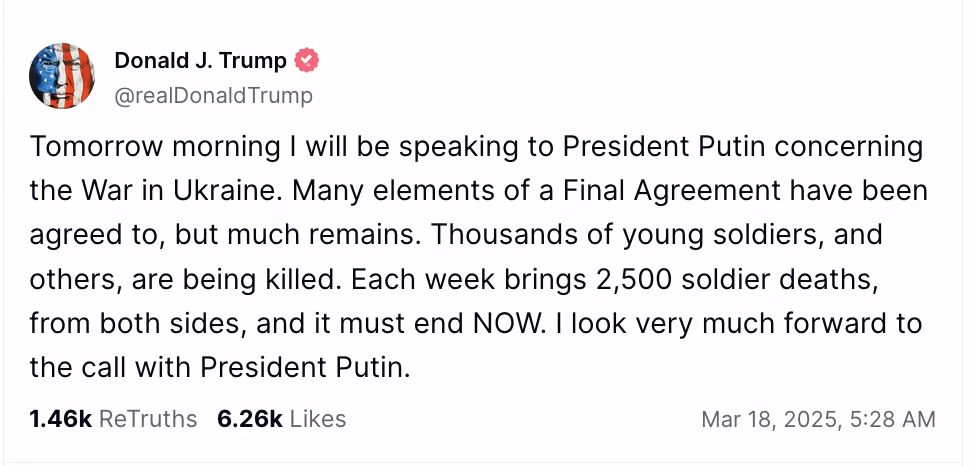 Tổng thống Mỹ Donald Trump ra thông báo mới nhất về điện đàm thượng đỉnh Mỹ-Nga kết thúc xung đột ở Ukraine. Ảnh chụp màn hình tài khoản mạng xã hội Truth Social của Tổng thống Mỹ Donald Trump