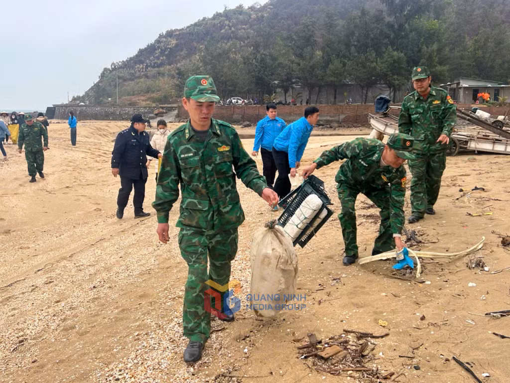 ĐVTN các đơn vị tham gia dọn vệ sinh môi trường bãi biển.