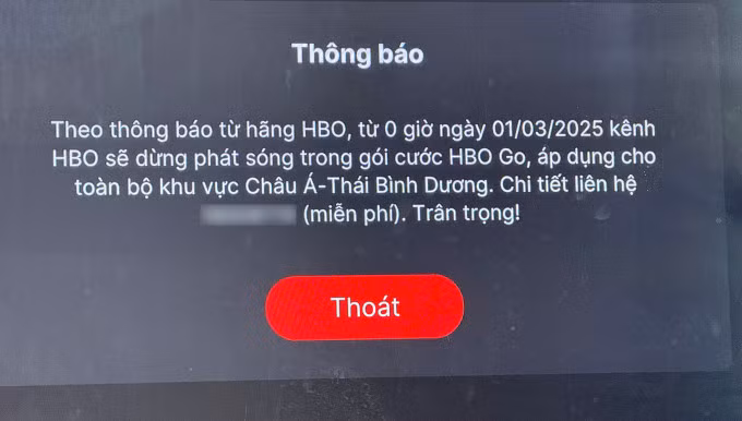Thông báo khi người dùng truy cập kênh HBO trên TV360, ngày 2/3. Ảnh: Lưu Quý