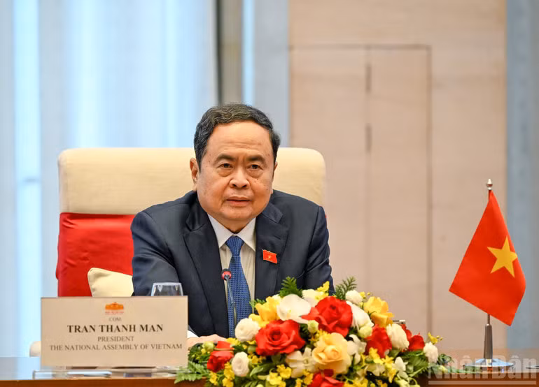 Chủ tịch Quốc hội Trần Thanh Mẫn phát biểu tại hội kiến. (Ảnh: DUY LINH)