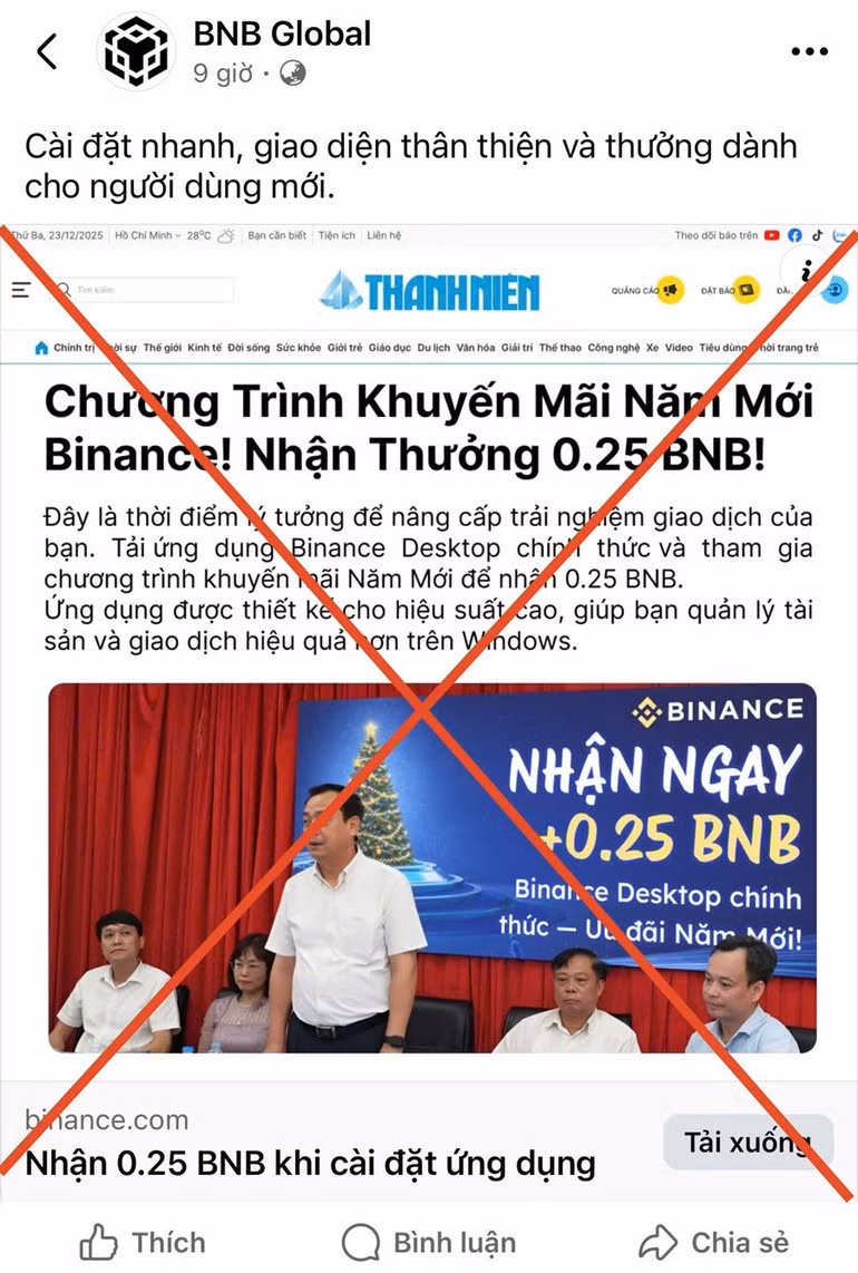 Ảnh chụp màn hình tài khoản BNB Global đăng thông tin giả mạo, cắt ghép, sai sự thật trên mạng xã hội Facebook.