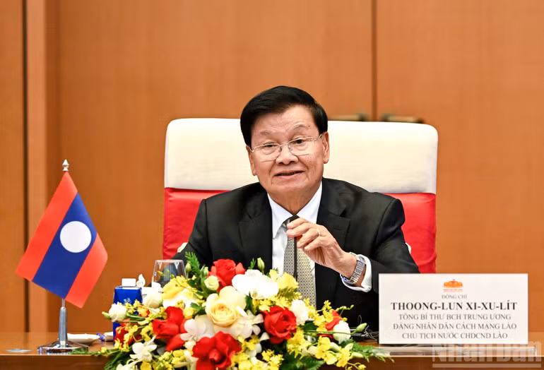 Tổng Bí thư, Chủ tịch nước Lào Thongloun Sisoulith phát biểu tại hội kiến. (Ảnh: DUY LINH)